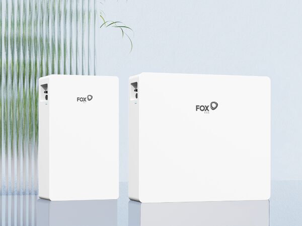 Two white Fox ESS hybrid inverter units for home battery storage shown as a product shot