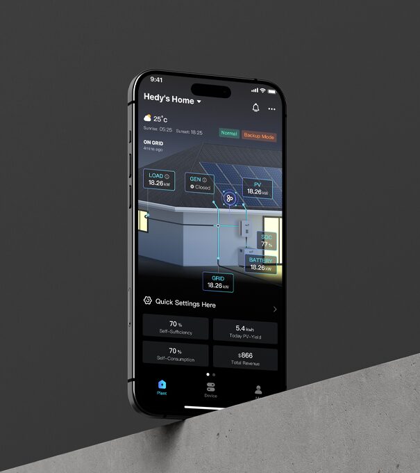A smartphone displaying the Fox ESS home energy monitoring app with a 3D house diagram showing solar PV, battery and grid energy flows