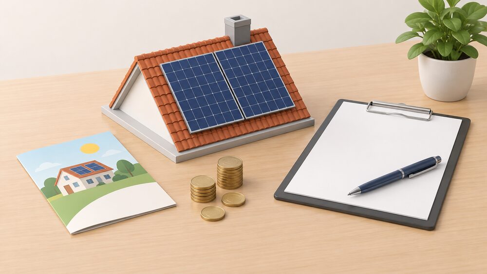 A small model of a house roof with solar panels on it sits on a table beside a blank contract on a clipboard with a pen resting on it, a leaflet, and a few coins, suggesting a doorstep solar offer being considered.