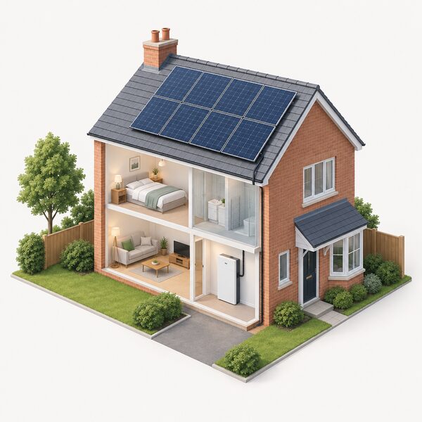 A typical UK house with a rooftop solar panel array and a battery unit installed, shown as a complete working system on the property, representing what a no-upfront-cost subscription provides.