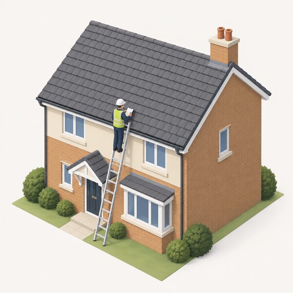 A surveyor on a ladder against the tiled roof of a two-storey house, looking up at the roof surface and marking on a clipboard while assessing where solar panels will be located, with no panels yet fitted.