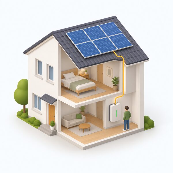 A cutaway view of a house with solar panels on the roof and a battery unit indoors on a wall, with a small isometric householder figure standing beside the battery, showing the equipment owned outright by the household.