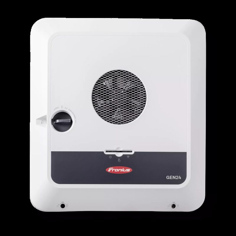 A white Fronius GEN24 solar inverter shown front-on against a plain background