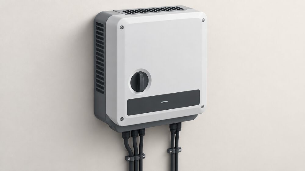 A single Fronius Primo GEN24 wall-mounted solar inverter shown close up indoors, with its integrated DC disconnector and active cooling vents visible, mounted on a plain interior wall with its cabling entering from below.