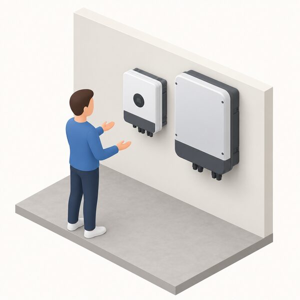 An indoor utility wall with a smaller single-phase Primo GEN24 inverter mounted beside a larger three-phase Symo inverter, both wall-hung side by side for comparison, with a simplified isometric figure gesturing between them.