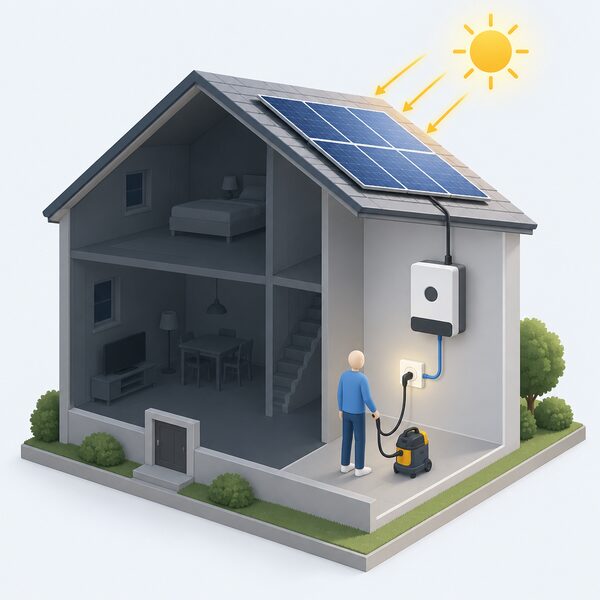 A wall-mounted GEN24 inverter with a single 230 V socket wired to its PV Point terminal, a small isometric figure standing beside it, bright sun on the roof panels above, and the rest of the house in shadow to show a grid outage.