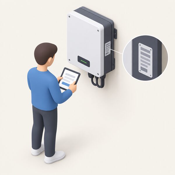 A close-up view of the rating plate on the side of a wall-mounted solar inverter, with a simplified isometric figure beside it reading the serial number from the plate while holding a tablet used for warranty registration.