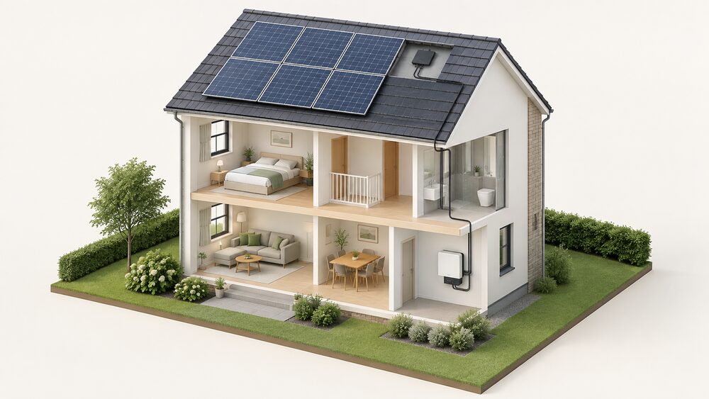 A cutaway view of a house with solar panels on its pitched roof, a small Power Optimizer box behind one panel, and a single wall-mounted inverter box indoors in a utility space, with a cable running from the roof array down to the inverter.