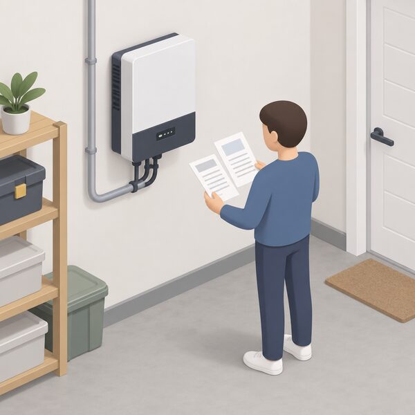 A wall-mounted solar inverter unit indoors on a garage or utility wall, with a small isometric household figure standing beside it holding the household's registration and warranty paperwork, drawn as physical sheets with blank lines and plain blocks.