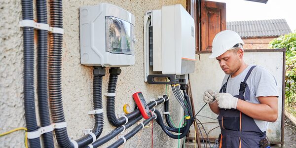 An engineer in a hard hat and overalls working on a wall-mounted solar inverter and cabling outside a building