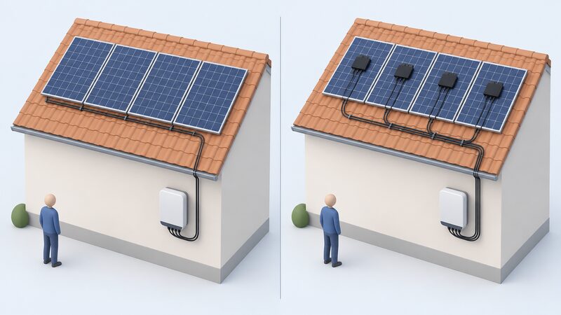 A split comparison scene: on one side a single wall-mounted string inverter connected by one cable run to a row of roof panels, on the other side the same row of panels each shown with a small optimiser unit mounted behind its module, all cabling converging to one inverter.
