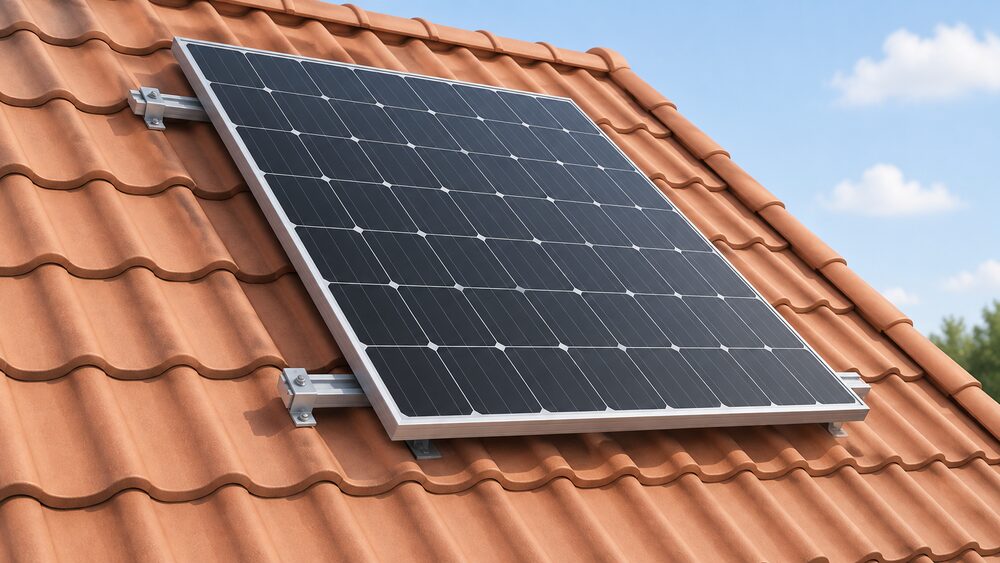 A close-up of a single dark monocrystalline solar PV panel mounted flush on a pitched house roof in daylight, with its aluminium frame, mounting rails and roof tiles visible around it.