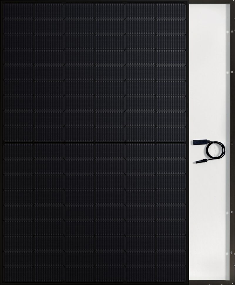 A FuturaSun Silk Nova all-black solar panel shown from the front and back with its connecting cable