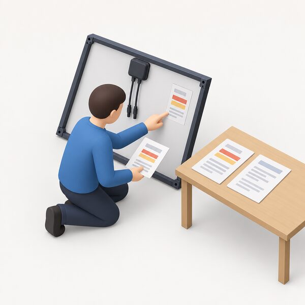 A simplified isometric figure kneels beside a solar module lying on a floor, reading the certification label on its rear frame, while on a nearby table rest printed sheets showing the fire classification paperwork as plain colour bands and blank lines.