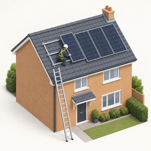 An MCS-certified installer in plain work clothing on a pitched house roof, fitting a solar PV panel into a mounting frame on the tiles, with a ladder against the house and the rest of the array already laid out beside him.