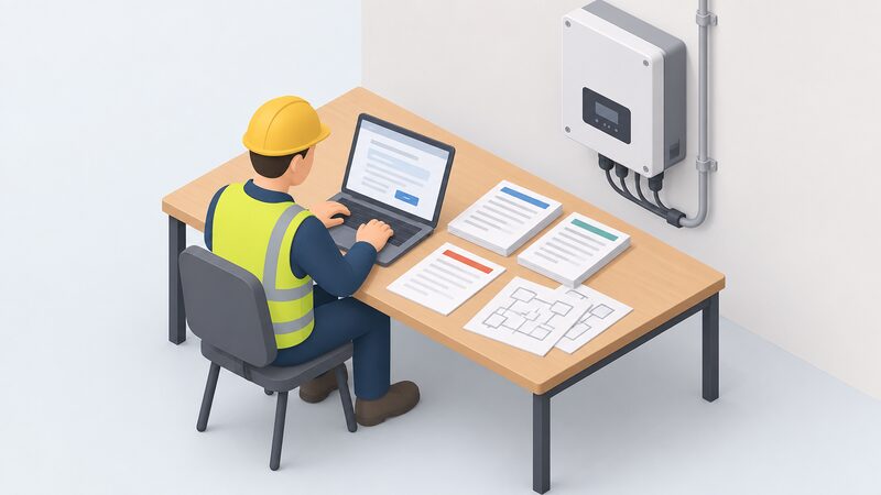 An isometric installer sits at a table beside a wall-mounted solar inverter, completing an online connection application on a laptop, with printed type test certificates, a G100 declaration sheet and schematic diagrams laid out alongside ready to accompany the submission.