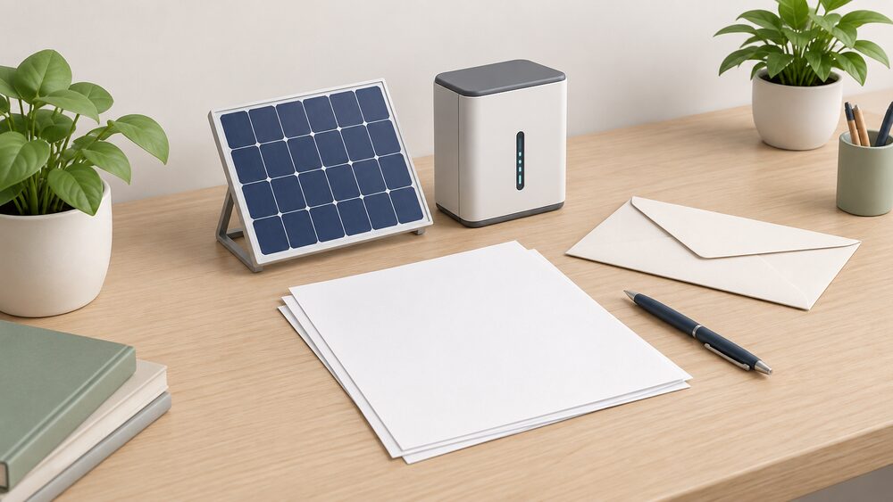 A small model of a rooftop solar panel and a small model of a battery storage unit stand side by side on a desk beside blank application paperwork, a sealed envelope and a pen, representing a household connection application.