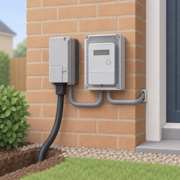 A domestic single-phase connection point on an outside house wall, showing a supply cut-out and electricity meter side by side in their enclosures with the incoming service cable and outgoing consumer unit cable, illustrating where the 16A per phase limit is measured.