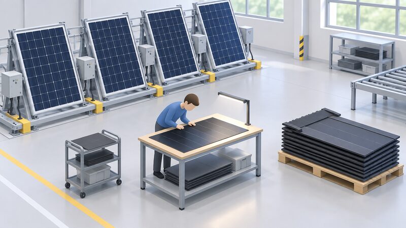 Inside a bright factory floor, rows of framed solar panels stand on a test rig while a worker in plain clothing leans over a workbench inspecting a dark PV laminate, with slate-like roof-integrated units stacked nearby.