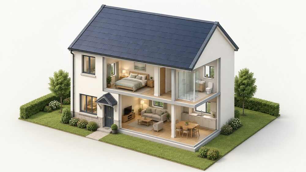 A cutaway-free view of a house whose pitched roof is covered in slate-like solar units forming the roof surface itself, with flashings tying the array in at the ridge, eaves and verge, and no separate panels bolted above the covering.