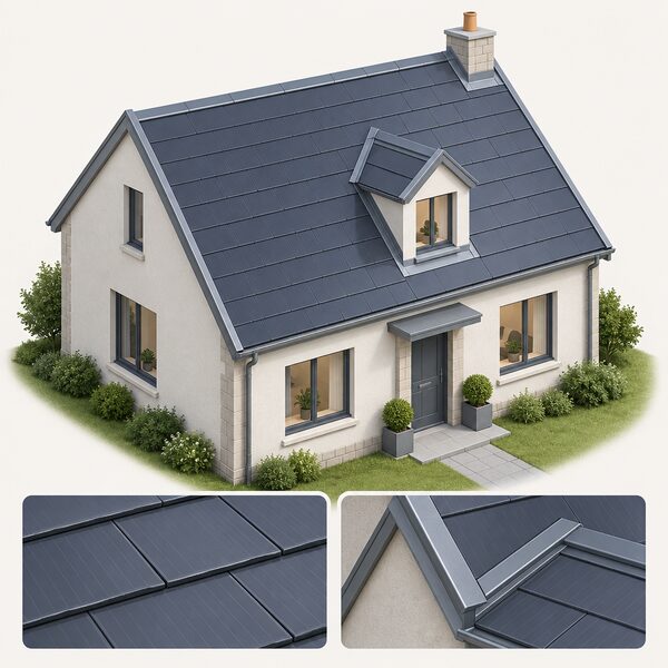 A pitched roof on a house where dark slate-like PV units form the entire weatherproof covering, interlocking in courses with lead flashing at the edges and around a dormer, with no tiles or slates visible beneath them anywhere on the roof slope.
