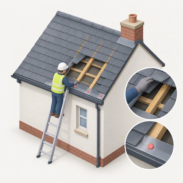 A surveyor on a ladder at the eaves of an existing pitched roof, lifting a slate to inspect the roof construction, with a marked rafter position and a flashing edge point indicated on the bare roof slope before any integrated array is fitted.