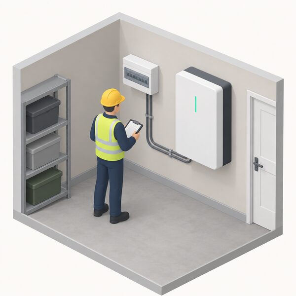 A wall-mounted home battery storage unit installed indoors in a garage or utility space, connected by cabling to a consumer unit on the adjacent wall, with a simplified isometric figure of an electrician inspecting the connections.