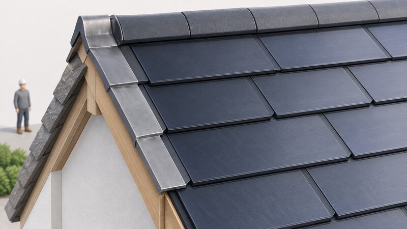 A close-up cutaway view of a roof edge where dark interlocking solar slates overlap in courses, with lead flashing dressed over the joint at the verge and a plain ridge line running above, showing how water is directed away from the array edges.