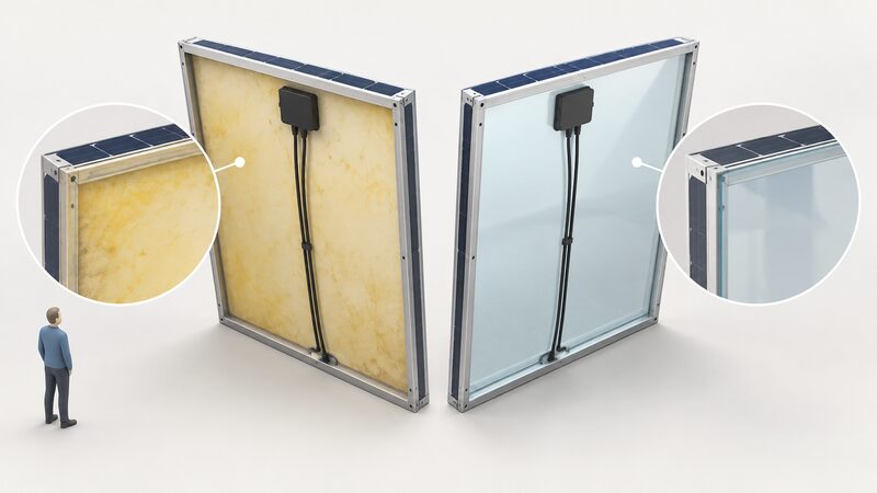 A side-by-side cutaway of two solar panel rear edges: an aged standard module whose polymer backsheet is shown yellowed and discoloured from decades of weather, next to a glass-glass module with a clean, clear tempered glass rear pane in place of the polymer sheet.
