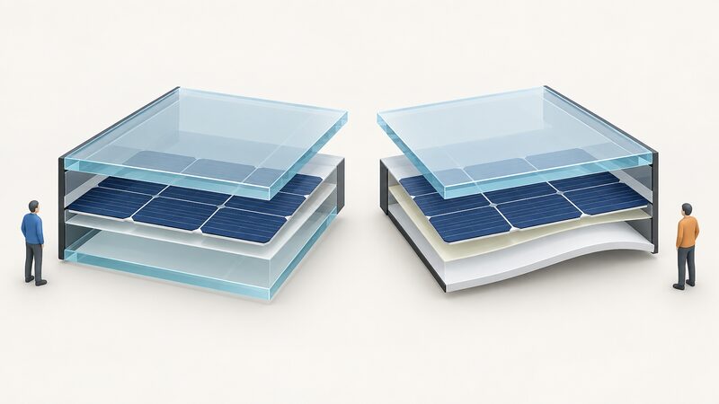 A side-by-side cross-section diagram showing a glass-glass solar module with silicon cells sealed between two panes of glass, next to a standard module with cells under a front pane on a polymer backsheet.