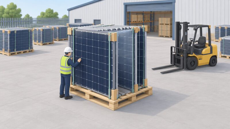 A pallet of glass-glass solar modules stacked upright on a wooden pallet in a UK distributor's yard, with a small isometric worker in plain clothing checking the modules, and a warehouse and forklift in the background.