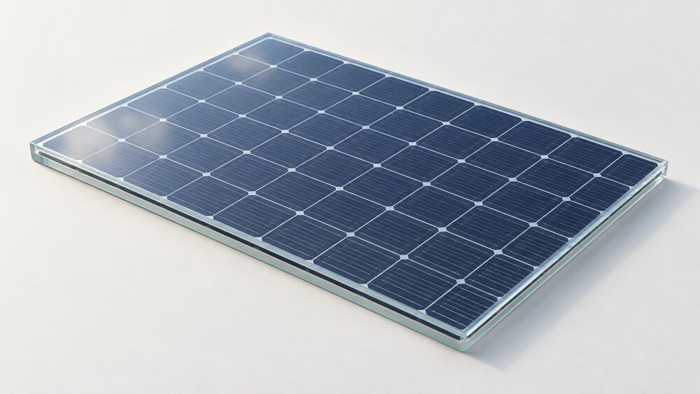 A close-up of a single glass-glass solar panel seen at a slight angle so its edge shows the sealed glass sandwich, with the silicon cells gridded between two tempered glass panes and no polymer backsheet, resting on a plain surface in daylight.
