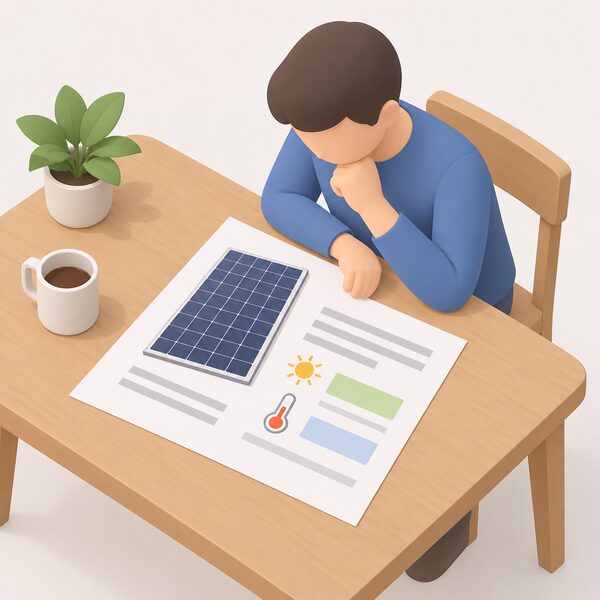 A printed solar panel datasheet lying flat on a household table, its layout showing a module efficiency figure and a temperature coefficient figure as blank highlighted blocks, with a simplified isometric figure leaning over it comparing the two while reading quotes.