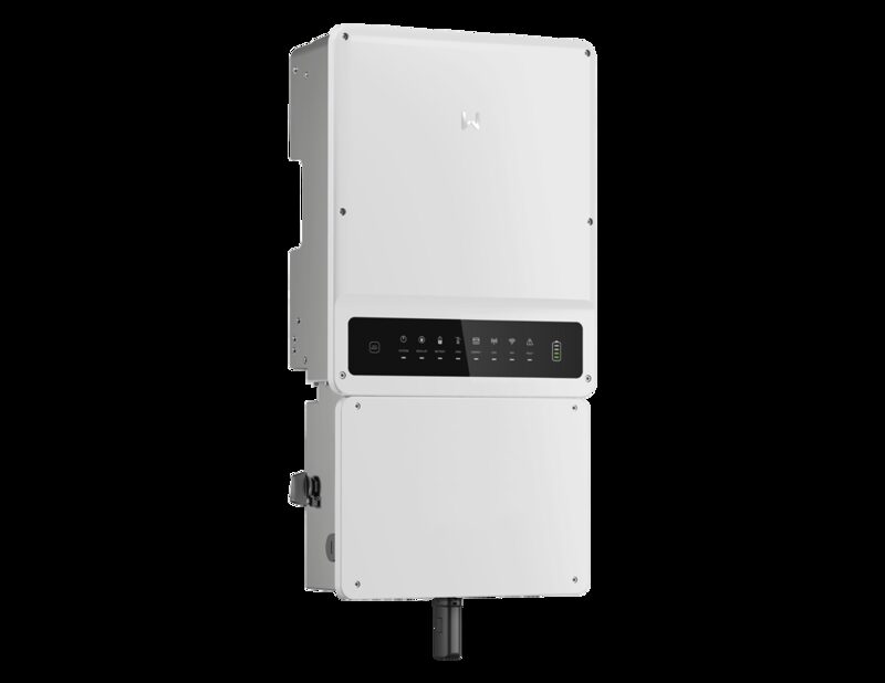 A white GoodWe wall-mounted hybrid solar inverter with battery unit and status display panel