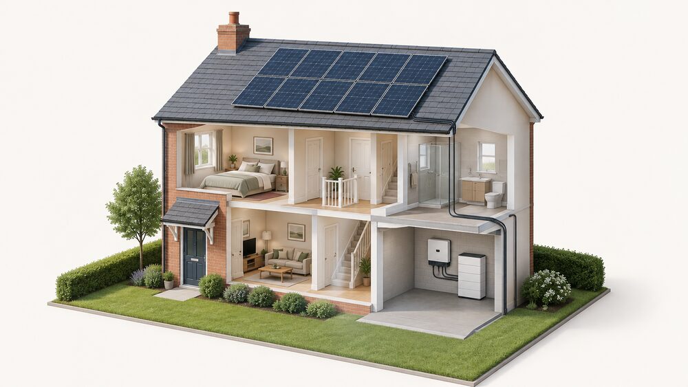 A cutaway UK house with solar panels on the roof, and inside a garage or utility space a wall-mounted hybrid inverter beside a stacked battery module, connected by cabling running up toward the roof.
