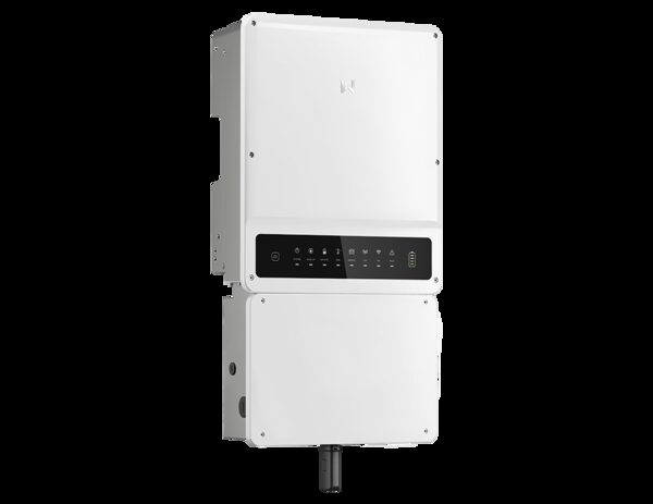 A white GoodWe wall-mounted hybrid solar inverter with battery unit and display panel on a plain background