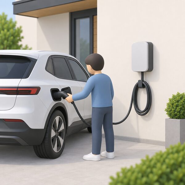 A generic wall-mounted AC EV charger box fixed to a plain house wall beside a parked electric car, with a Type 2 connector cable hanging in a holstered loop and a small simplified figure plugging the connector into the car's charge port.