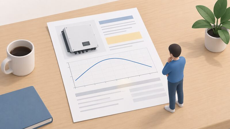 A printed inverter datasheet lying on a table, showing a peak efficiency figure as a blank highlighted block and an efficiency curve chart with a plain line peaking then falling across the operating range, with a small figure reading it.