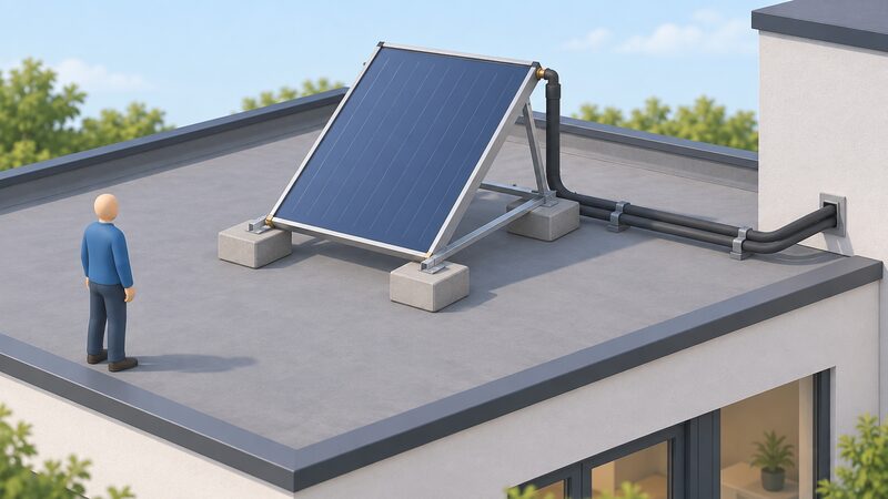 A flat roof with a solar thermal collector tilted on an angled A-frame mounting, its base weighted down with heavy ballast blocks against wind uplift, with insulated pipework running from the collector across the flat roof surface toward the house wall.