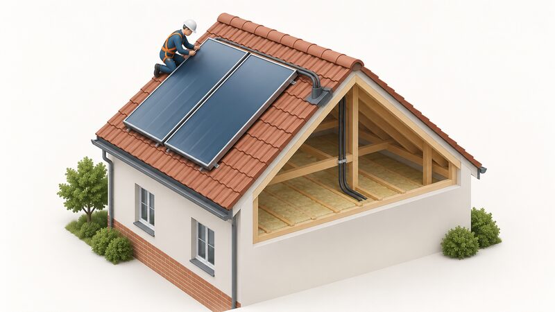 A cutaway house view showing flat plate solar thermal collectors mounted on the pitched roof, with insulated pipework from the collectors passing under the roof tiles into the loft space, a small isometric figure on the roof securing a collector.