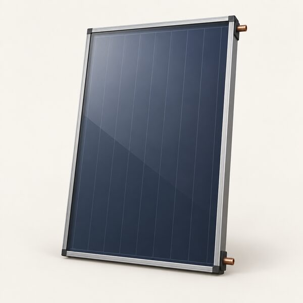 A single unbranded flat plate solar thermal collector panel shown as a plain product, standing upright against a neutral studio-style backdrop or simple roof setting, with a smooth dark absorber surface behind glass, an anodised frame and a connection box with two pipe stubs at one edge.