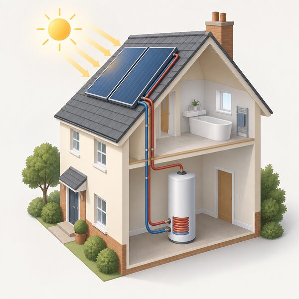 A cutaway isometric view of a house showing flat-plate solar thermal collectors on the south-facing roof slope, with insulated pipework running down through the roof into the home and connecting to the solar coil near the base of a hot water cylinder standing inside.