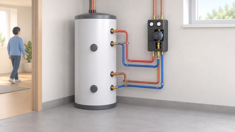 A twin-coil hot water cylinder standing in a home with its pipework connections, beside a solar thermal pump station mounted on the adjacent wall, linked by flow and return pipes.