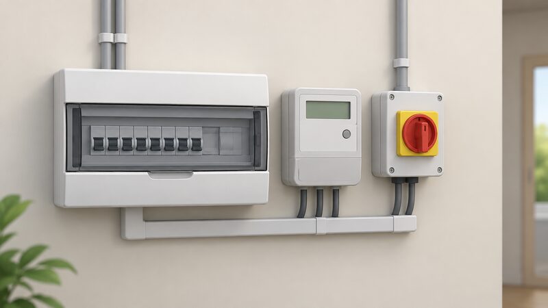 A close-up of a domestic consumer unit on a wall with a solar generation meter mounted beside it and a labelled inverter isolator switch next to both, shown as the interface between the home's solar array and the distribution network.