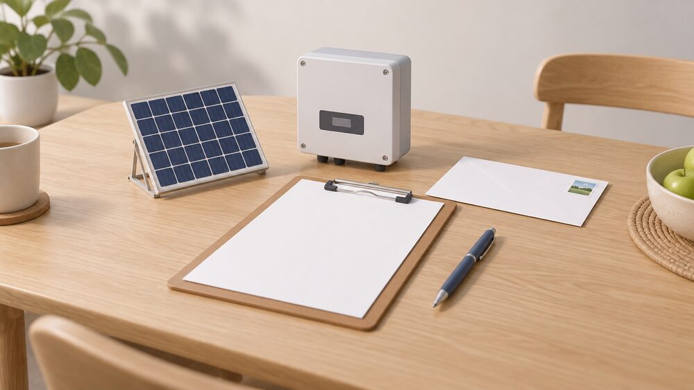 A small model of a rooftop solar panel and a model inverter box sit on a kitchen table beside a blank application form on a clipboard, a pen, and a stamped envelope ready to post to the network operator.