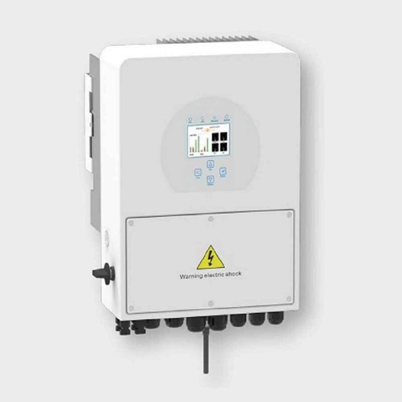 A Sunsynk single-phase hybrid solar inverter, a white wall-mounted unit with a display screen and warning electric shock label