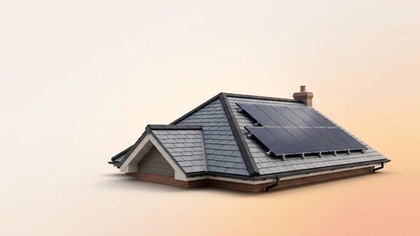 A 3D render of a slate-tiled house roof with solar panels installed on one slope