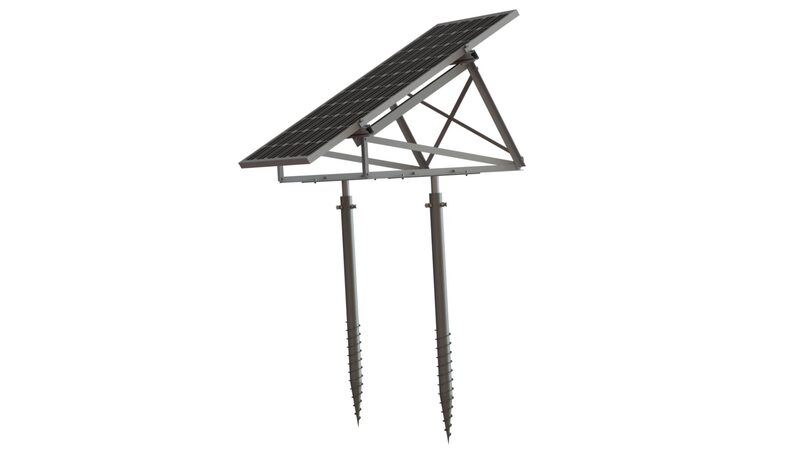 A ground-mounted solar panel on a metal A-frame structure supported by two screw-in ground anchors