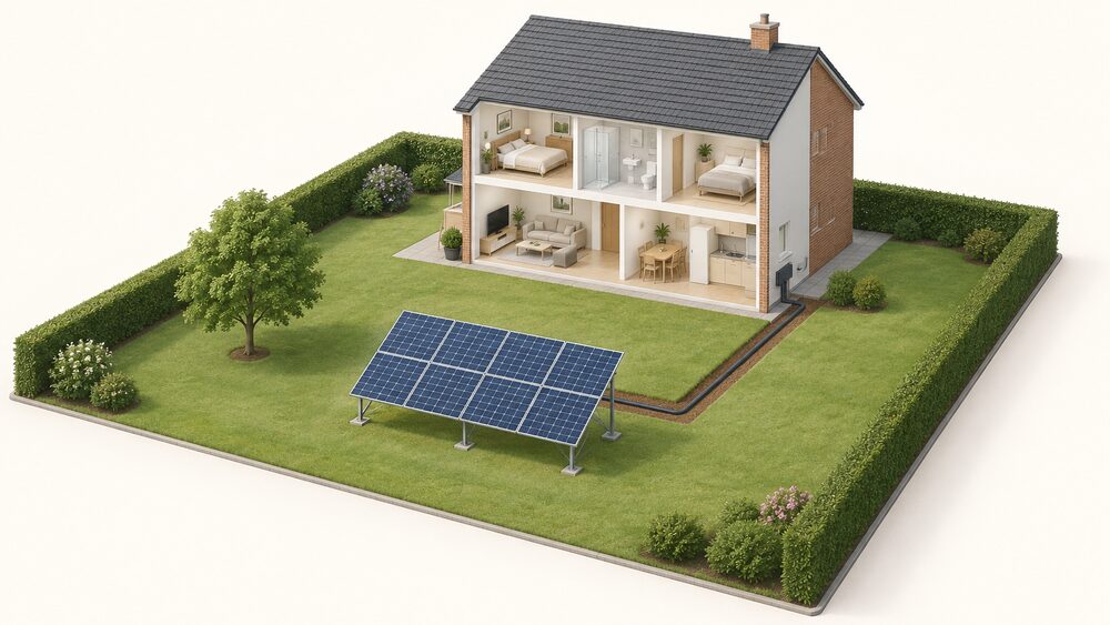 A freestanding ground-mounted solar array on a metal frame stands in an open garden, set well back from the property boundary, with the house behind it and a cable trench running across the ground from the array toward the house wall.