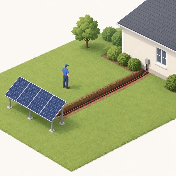 A small ground-mounted solar array stands on a lawn some distance from a house, with an open trench cut across the grass running from the array towards the house wall, DC cable laid inside the trench.